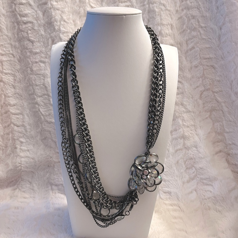 Vera Wang Multi-Strand Silver & Gunmetal Crystal Necklace With Rhinestone Flower - Picture 15 of 16